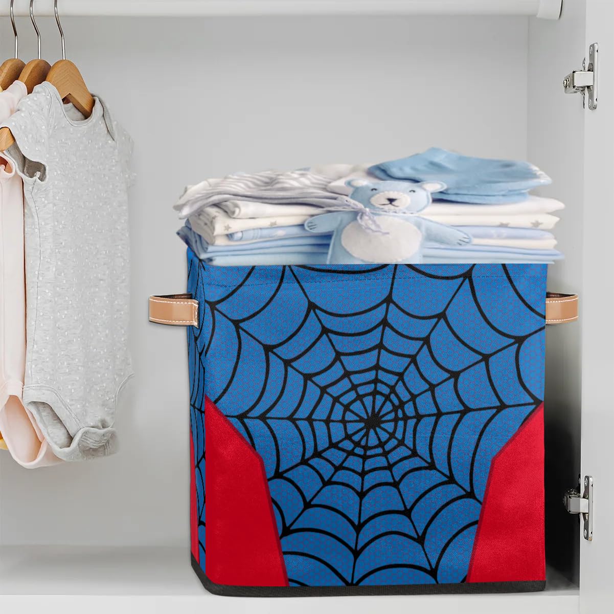 LLCXCSI Storage Bin Closet Organizer Bins with Handles, Blue Spider Web Decorative Collapsible Cube Storage Baskets for Nursery Shelf, Clothes, Toy, Towel, Book, 13"x 13"