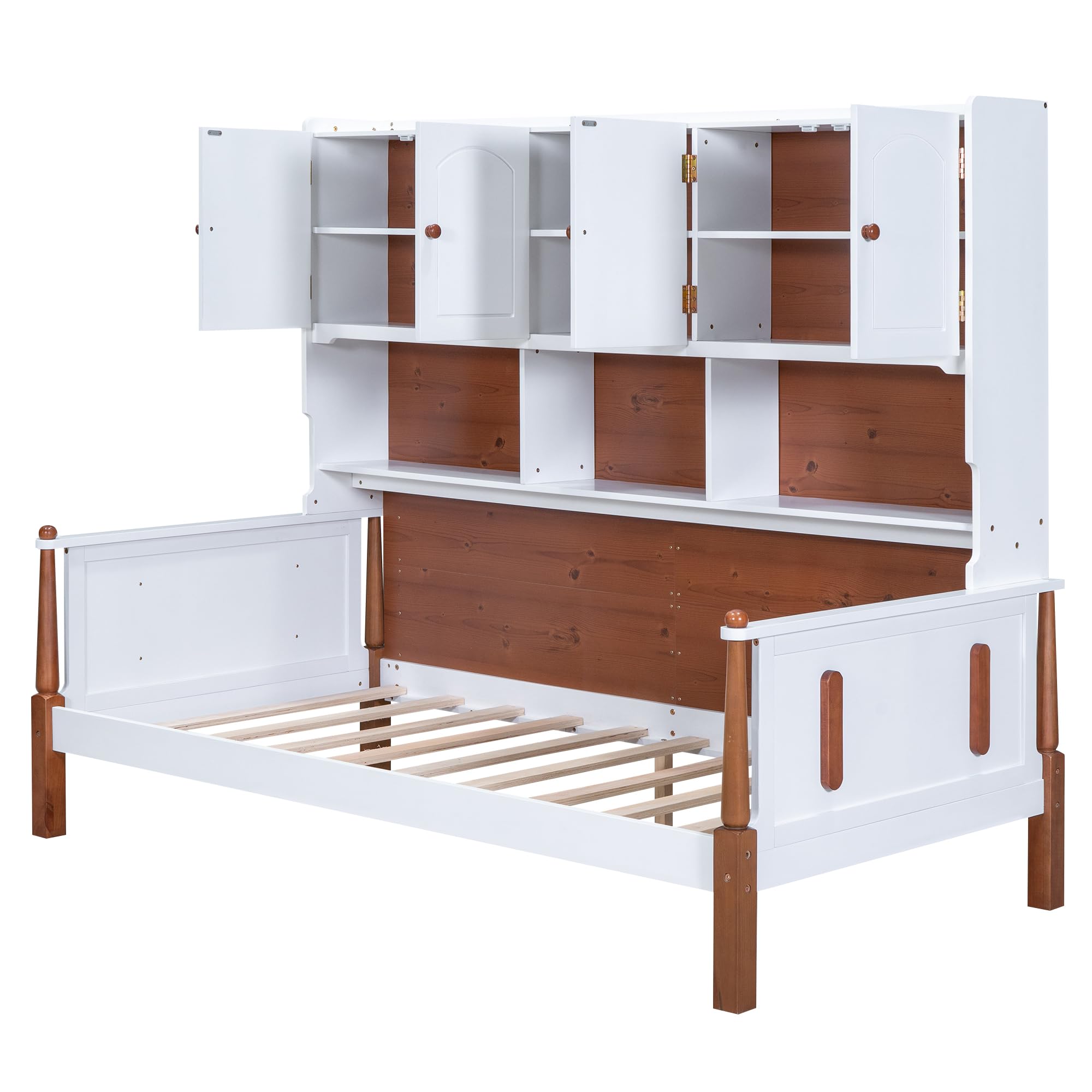 Harper & Bright Designs Twin Daybed with Bookcase Headboard, Twin Size Platform Bed with Storage Cabinet,Wood Twin Bed Frame for Kids Teens Adults (White+Walnut)