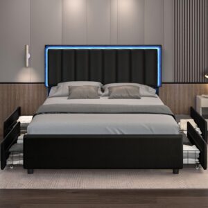 IMMERSTABLE Queen Size Bed Frame with 4 Drawers and LED Headboard, Upholstered Bed Frame Queen with Storage, Heavy Duty Metal Frame and Wood Slat Support, Queen Bed Frame No Box Spring Needed, Black