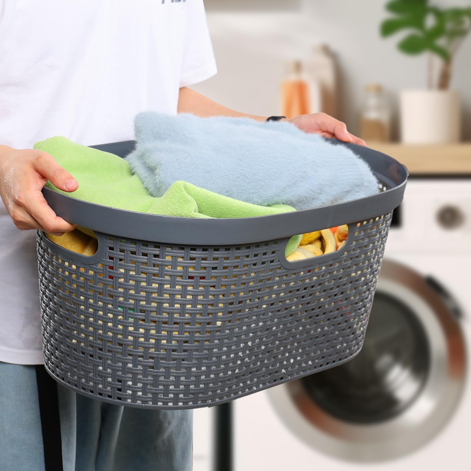 Dehouse 40 L Large Plastic Laundry Basket with Handles, 4 Pack Plastic Clothes Laundry Basket, 22.44" L x 14.96" W x 10.31" H, Gray