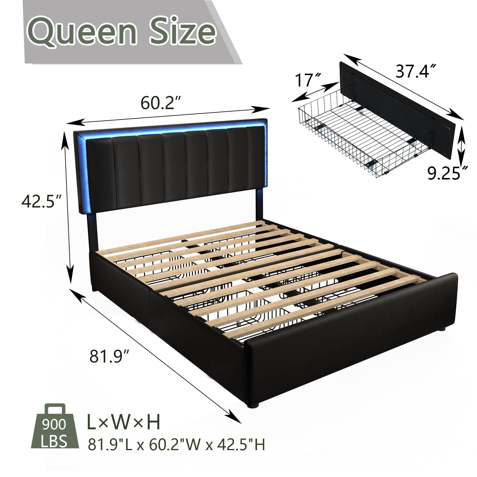 IMMERSTABLE Queen Size Bed Frame with 4 Drawers and LED Headboard, Upholstered Bed Frame Queen with Storage, Heavy Duty Metal Frame and Wood Slat Support, Queen Bed Frame No Box Spring Needed, Black