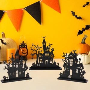 3Pcs Halloween Wooden Tabletop Centerpiece Decorations,Wooden Double-Sided Printing Silhouette Sketch Ghost House Decoration Ornaments,Halloween Desk Tiered Tray Decor for Indoor Home Kitchen Party