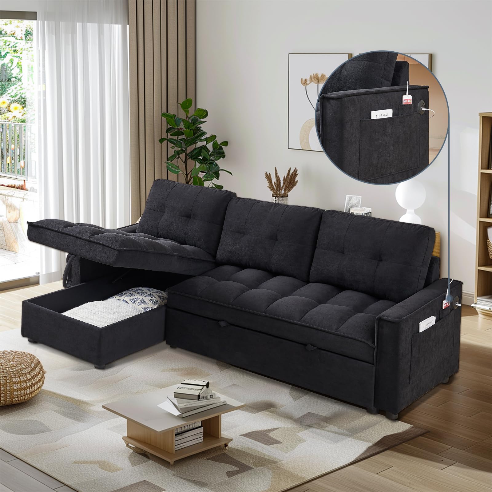 Firscook 78.75" Sleeper Sofa,Chenille Reclining Sofa, Pull Out Bed with Side Pocket and Charging Station,Sectional Sleeper Sofa with Storage Chaise, L-Shaped Sofa Couch Bed for Living Room, Black