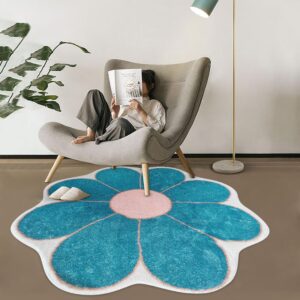 Poowe Teal Blue Flower Shaped Rug,Cute Round Rug for Bedroom Living Room, Fluffy Circular Rug Washable Nursery Rug for Kids Room Nonslip Indoor Floor Mat for Entryway-39.4" Round