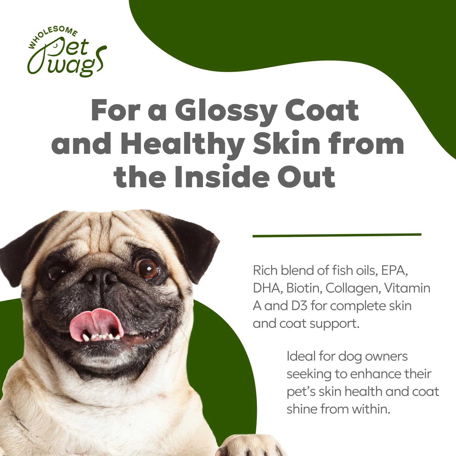 Wholesome Pet Wags Canine Skin & Coat Soft Chews | Dog Vitamins and Supplements, with Fish Oil, Biotin, Vitamin A & D3, Promotes Skin Health, with Omega-3 Fatty Acids | 60 Chews (180 g, 6.35 oz.)