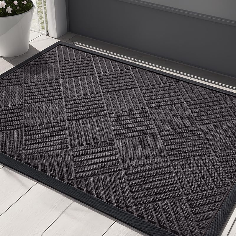 ZTIONHD Front Door Mat Outside Entrance, Indoor Outdoor Low Profile Rubber Doormat, Waterproof Heavy Duty Patio Mat, Fade Resistant, Easy Clean All-Weather Durable, Small 17x29.5 inch Grey Striped