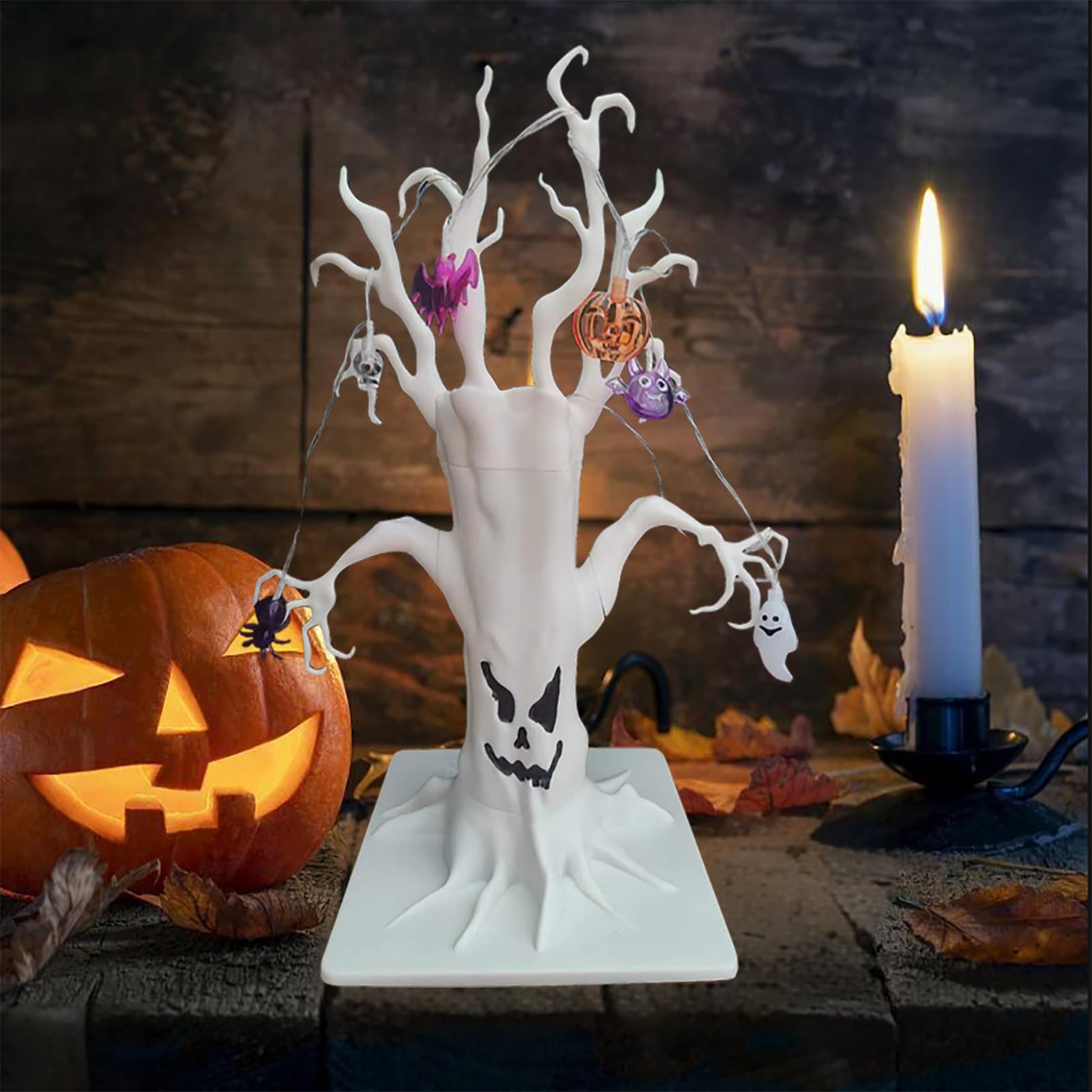 Halloween Tree Decorative Centerpiece with Spooky Ornaments, Halloween Lights with Skulls, Ghosts, Bats, Pumpkins, and Spiders at The top of The Tree, Suitable for Rooms, Tables, and Mantelpiece.