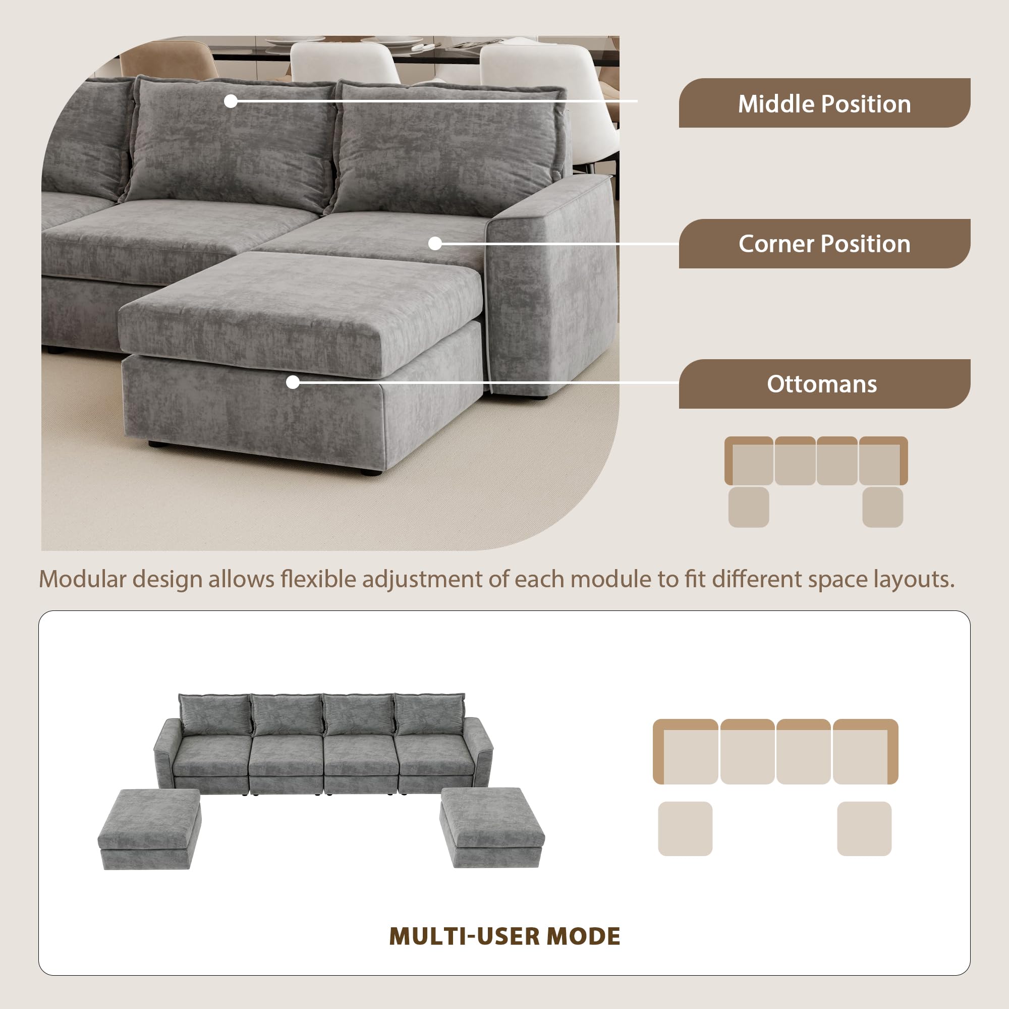 Ball & Cast 115" Chenille U-Shaped Sectional Sofa Set,Minimalist Style Chenille Modular Cloud Couch with Convertible Ottoman Chaise for Living Room,Free Combination,Gray