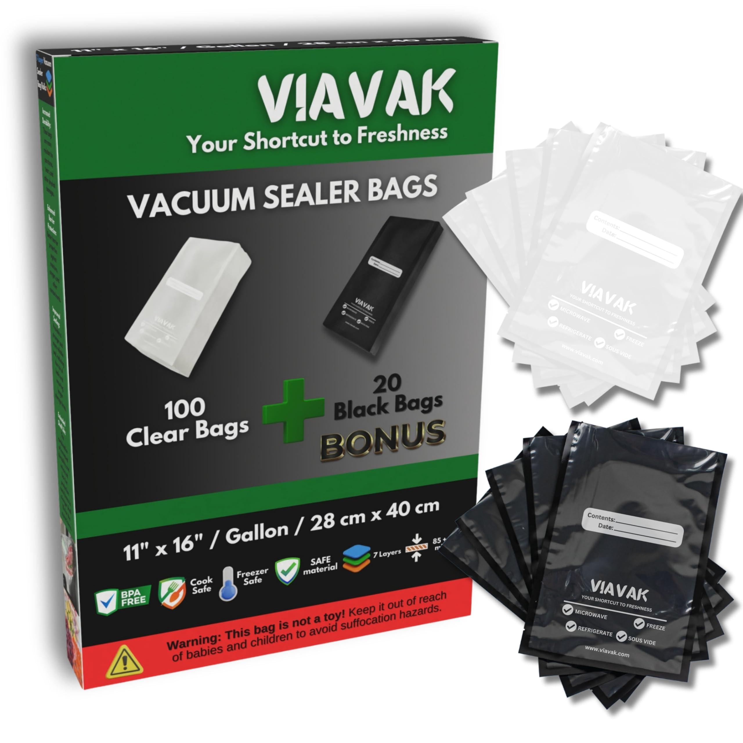 VIAVAK (11x16 Inch) Vacuum Sealer Bags for Food | 100 Clear + 20 Bonus Black | 7-Layer Commercial Grade, BPA-Free, Writable Surface for Content & Date, Heavy Duty for Food Storage & Sous Vide