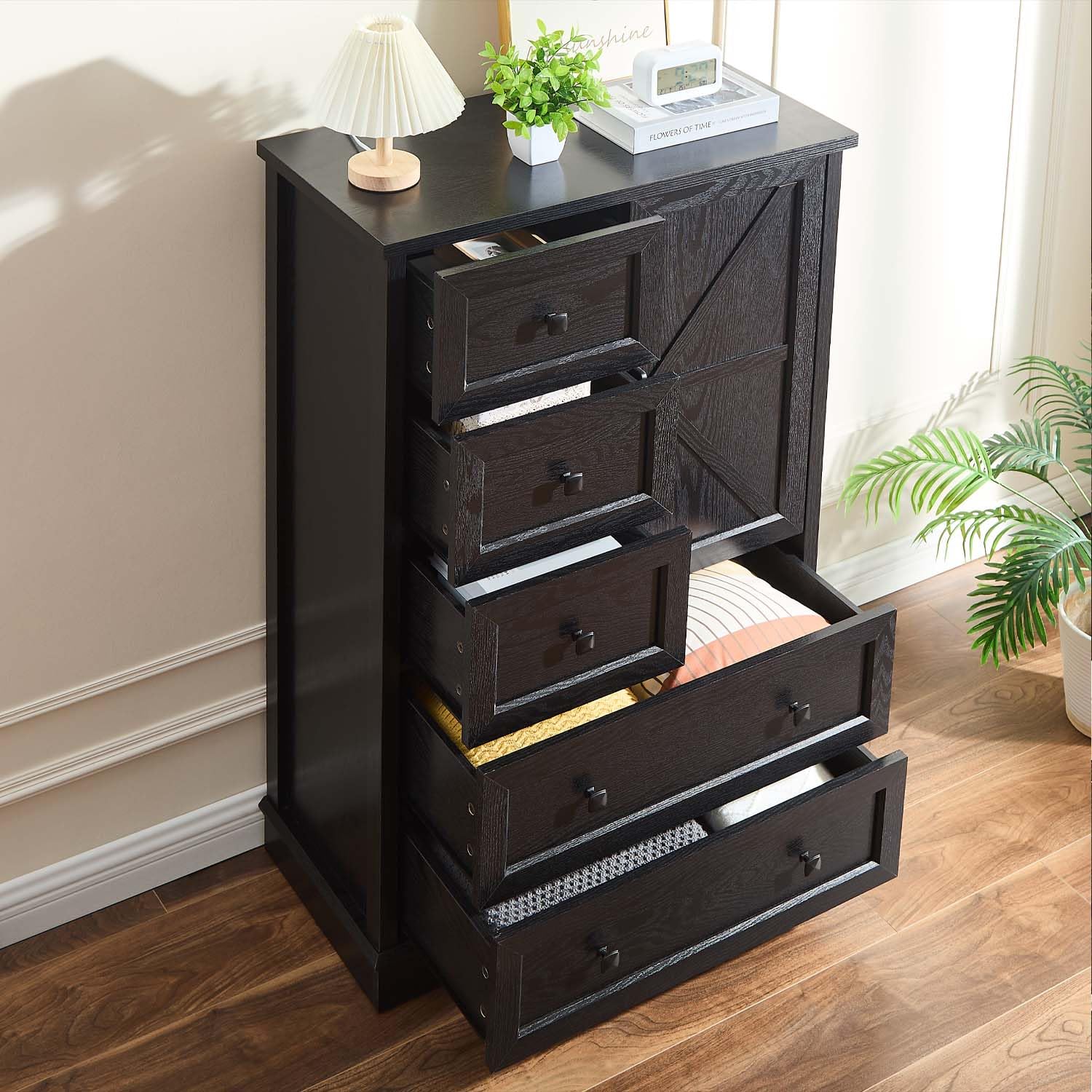 SOOWERY Black Dresser for Bedroom, 5 Drawers Farmhouse Wood Dresser with Double Storage Cabinet, 48 Inches Tall Dresser for Bedroom, Hallway