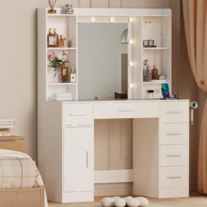 ISHARINGTIME Vanity Desk with Mirror and Lights, Makeup Vanity with Cabinet, Makeup Desk Vanity Table with 6 Drawers & Power Outlet, White Vanity 3 Lighting Modes Brightness Adjustable for Bedroom