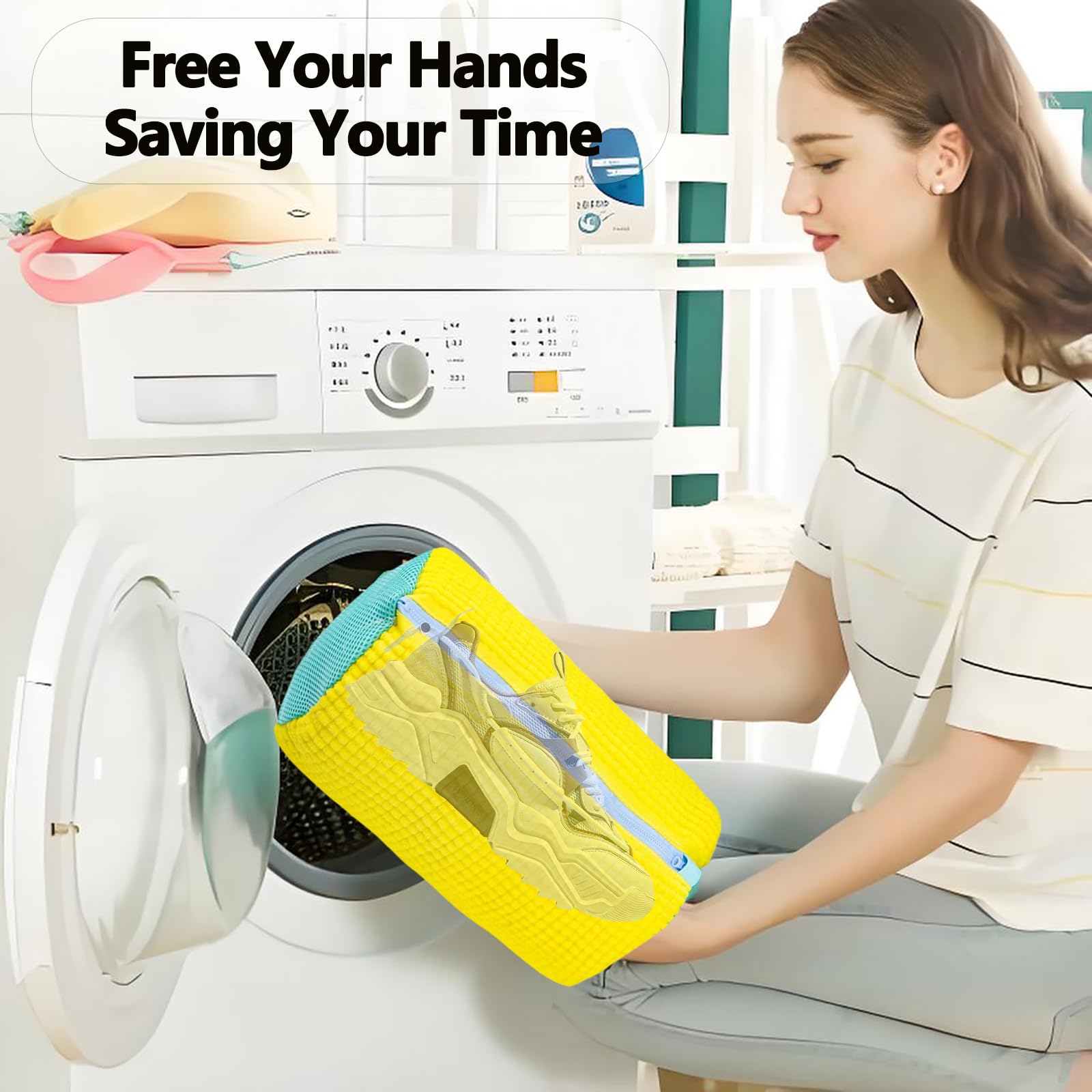 2Pcs Shoe Washing Machine Bag，Reusable Shoe Laundry Bag for Washer and Dryer，Shoe Cleaning Bag for Tennis Canvas Sport Shoes-Yellow