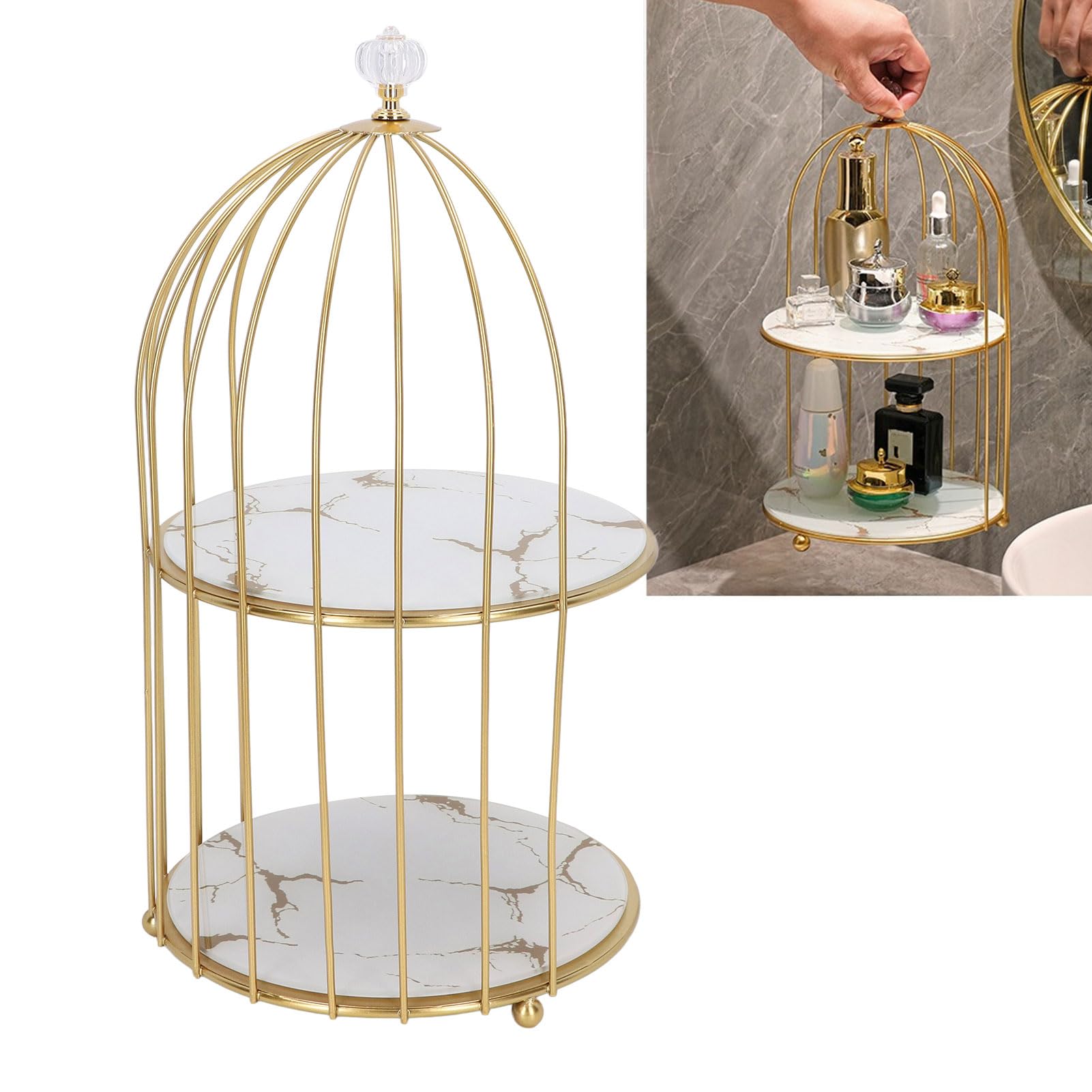 Lotpken Gold Frame Double Layer Storage Shelf Organizer for Bathroom, Bird Cage Design Display Rack for Countertop and Dressing Table (White Base Gold Pattern)