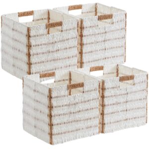 ornavo home wicker storage cubes bin, 13 x 13 inch storage cubes shelf basket collapsible natural hand woven paper kallax storage cube bin with handles - set of 4, white/brown