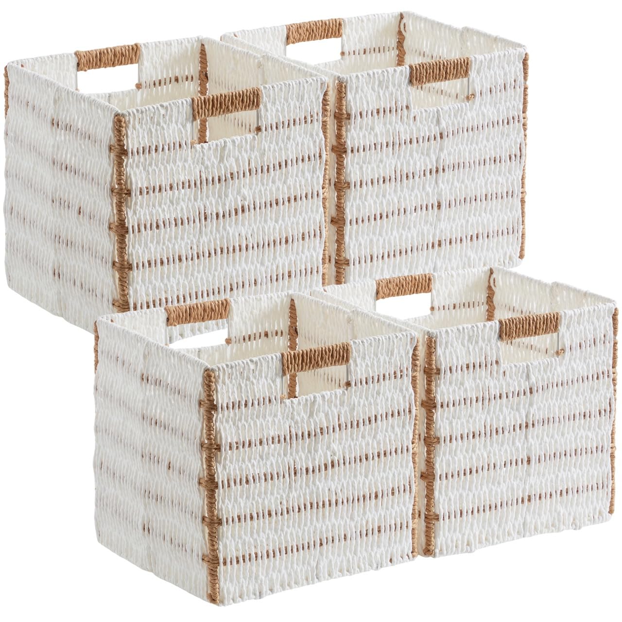 Ornavo Home Wicker Storage Cubes Bin, 13 x 13 Inch Storage Cubes Shelf Basket Collapsible Natural Hand Woven Paper Kallax Storage Cube Bin with Handles - Set of 4, White/Brown