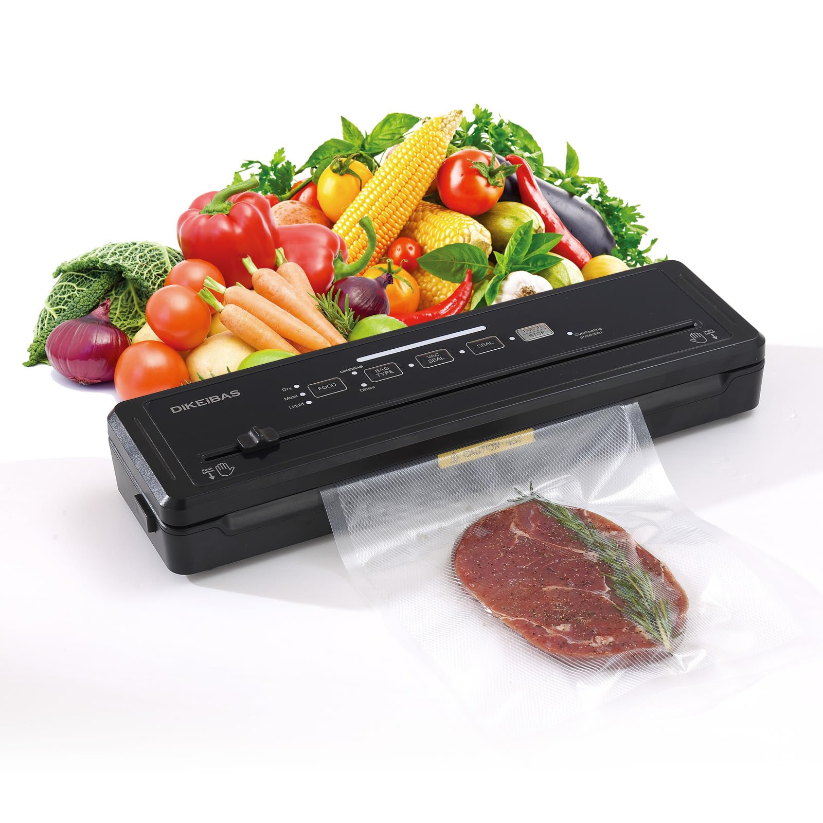 DIKEIBAS Vacuum Sealer Machine | Powerful 85kPa Suction | Bags and Cutter Included | Compact One-Touch Automatic Food Sealer with External Vacuum System | Preserve Freshness, Prevent Freezer Burn