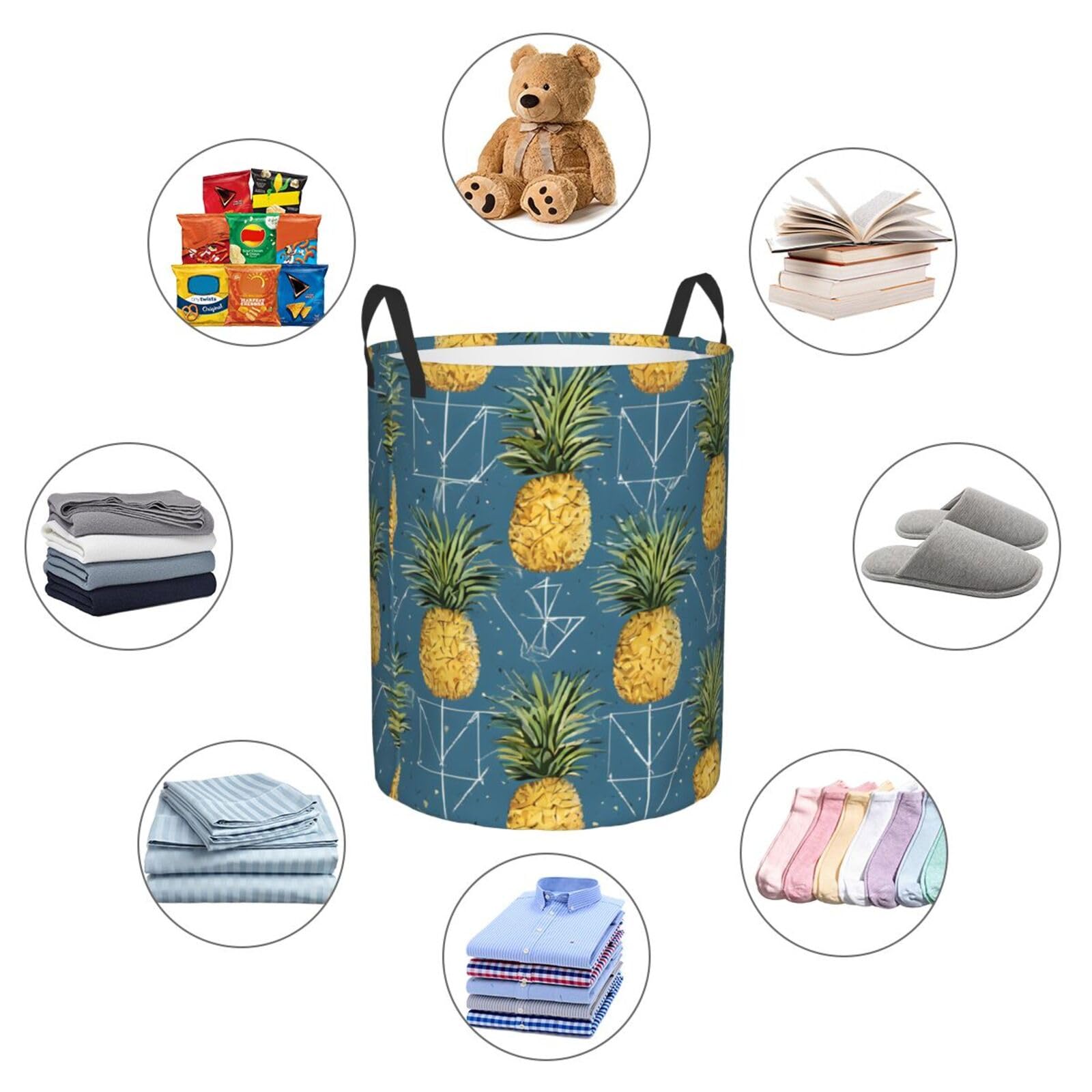 Gold Pineapple Background Printed Circular Hamper Laundry Basket For Bathroom Toy Storage Organizer Basket Collapsible Round With Handles Laundry Hamper