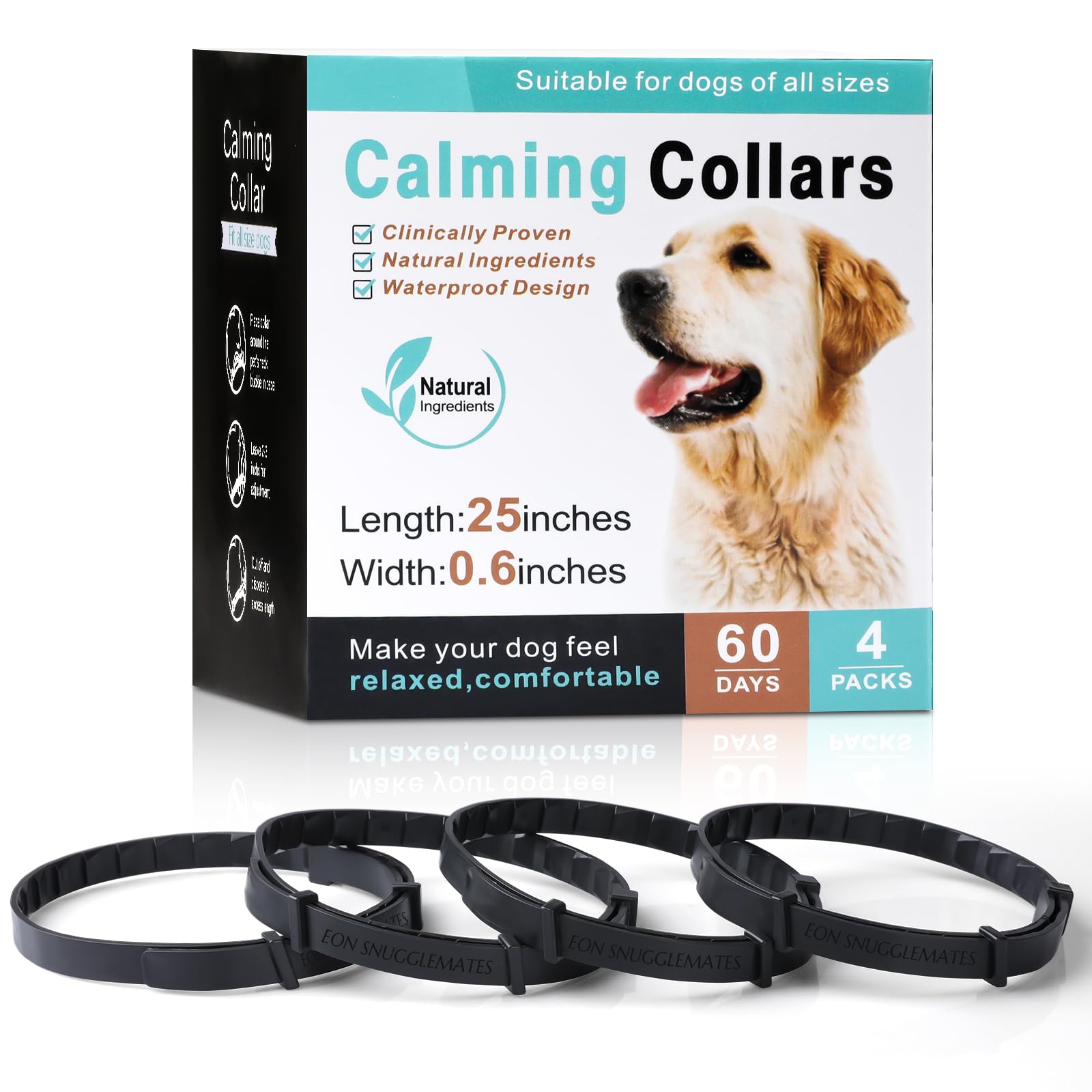 EON SNUGGLEMATES Calming Collar for Dogs 4 Packs Dog Pheromone Calm Collars Relief Anxiety Stress Separation Lasts 60 Days Relieve Bad Behavior 25 Inches Size Flexible Adjustable Dog