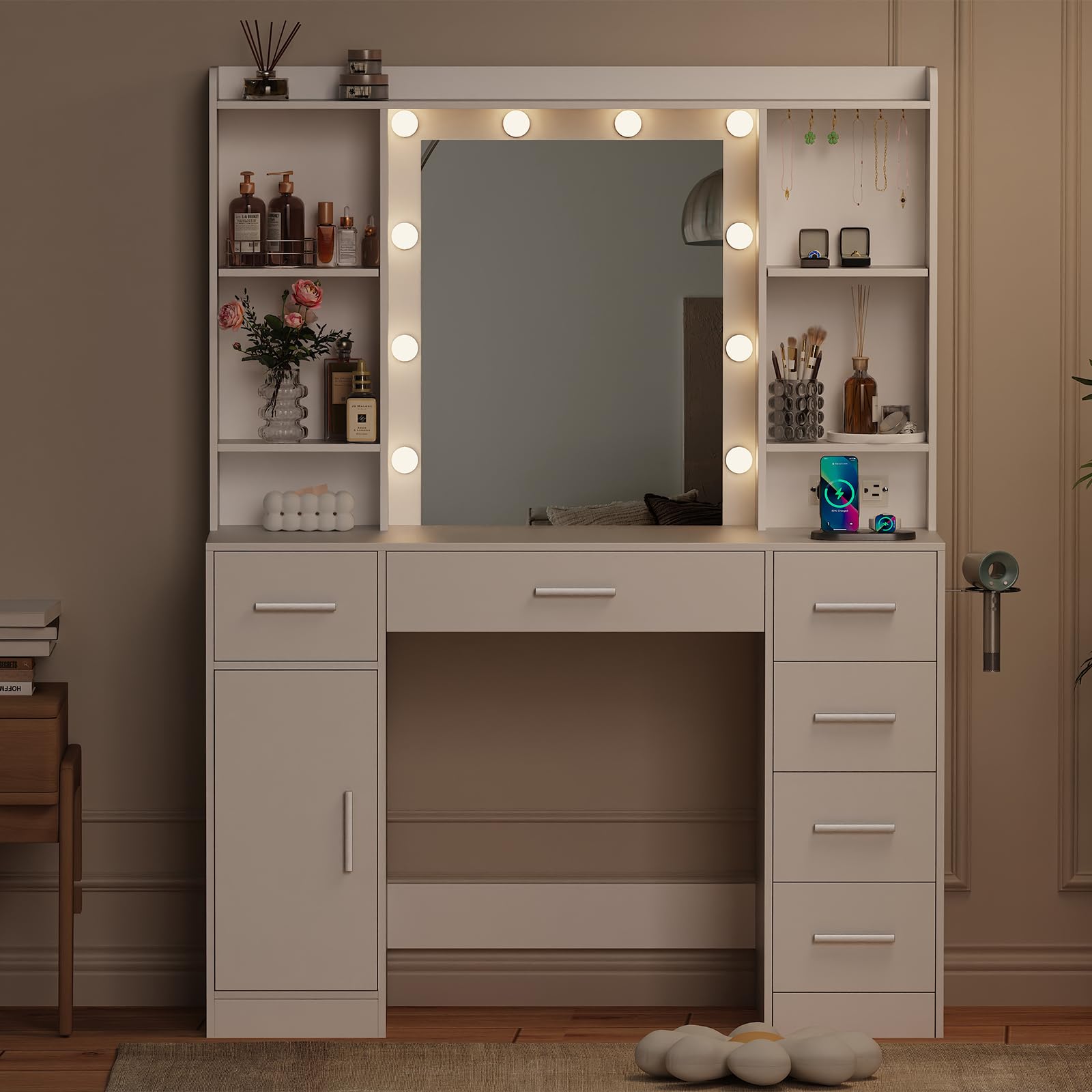 ISHARINGTIME Vanity Desk with Mirror and Lights, Makeup Vanity with Cabinet, Makeup Desk Vanity Table with 6 Drawers & Power Outlet, White Vanity 3 Lighting Modes Brightness Adjustable for Bedroom