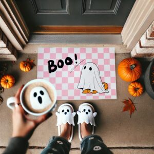 twelve studio halloween boo doormat, cute spooky ghost dog indoor outdoor welcome mat, washable anti-slip rug for entrance kitchen bathroom halloween decoration, 2’x3' pink white checkerboard