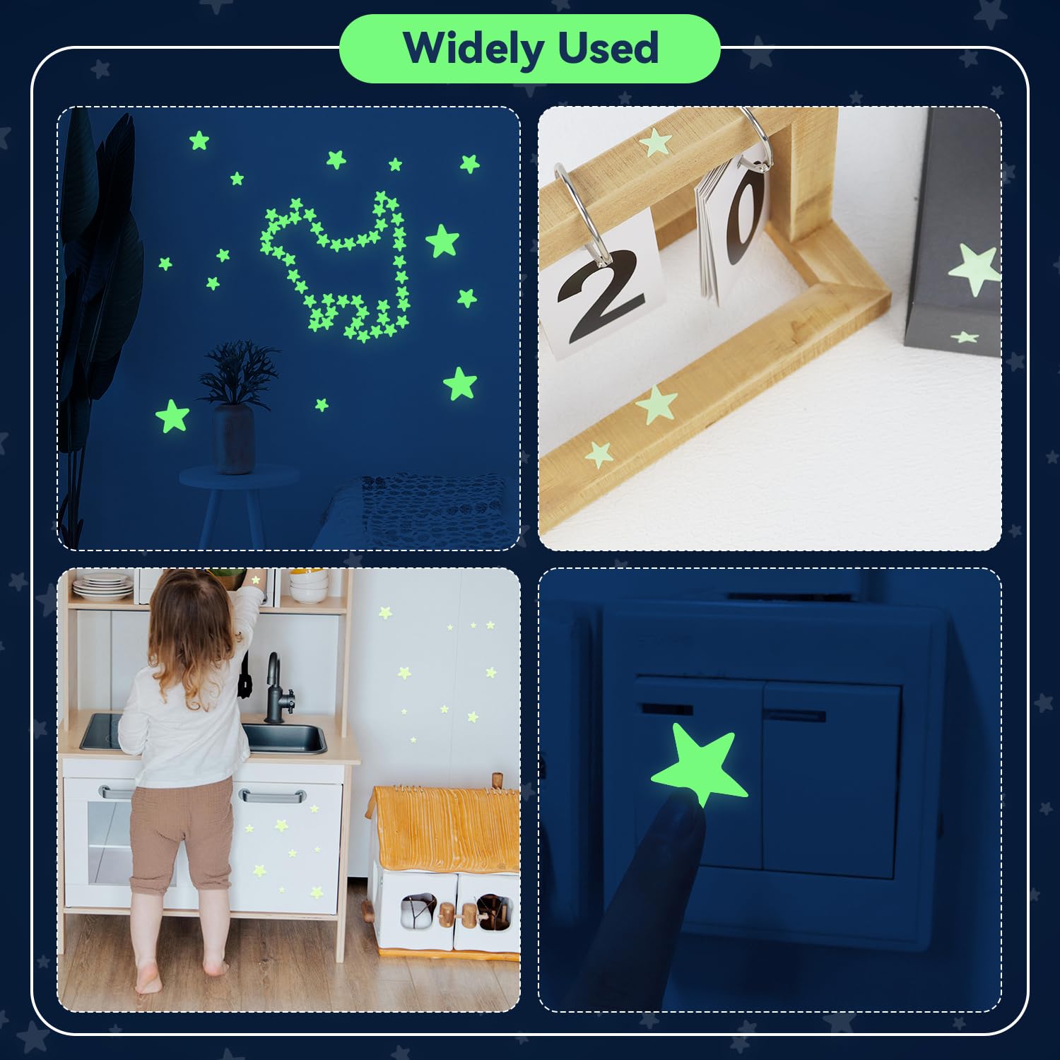 514 PCS Glow in The Dark Stars Wall Stickers for Ceiling, 4 Sizes Glowing Wall Decals Decor Stickers, 3D Green Glowing Stars for Room Decorations