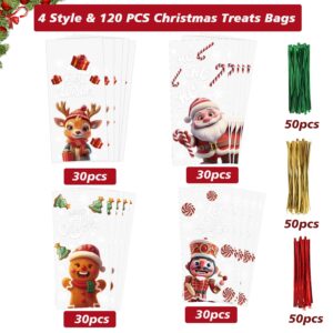 LOKIPA 120PCS Christmas Cellophane Treat Bags, 4 Styles Christmas Cello Candy Goody Bags Clear Christmas bags with 150 Twist Ties for Christmas Party Supplies