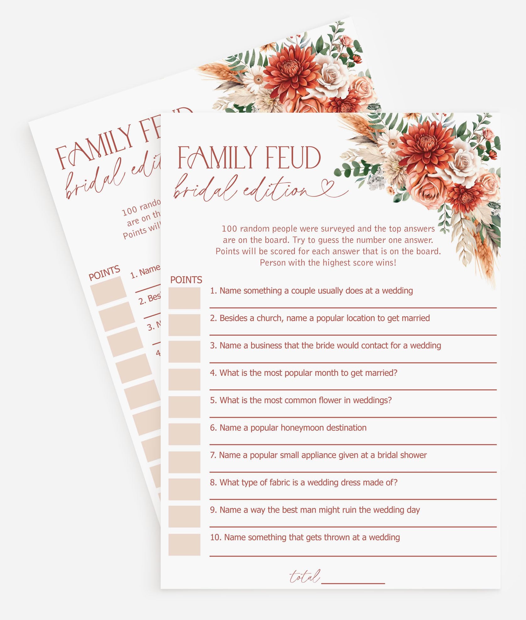 All Ewired Up 50 Bridal Family Feud (50-Cards) Fall in Love, Fun Wedding Shower Decorations Party Rehearsal Dinner Game Activity, Autumn Sienna Burnt Orange Florals