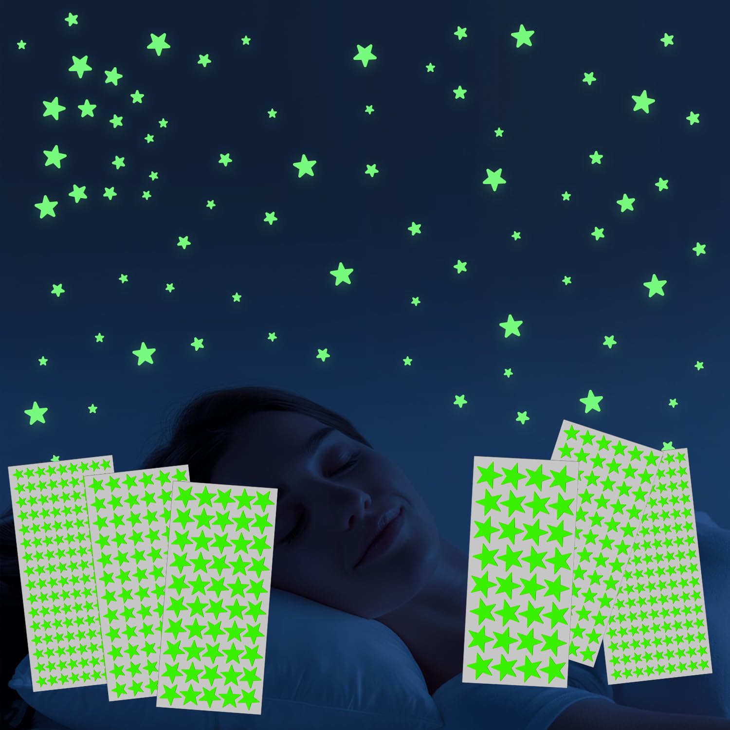 514 PCS Glow in The Dark Stars Wall Stickers for Ceiling, 4 Sizes Glowing Wall Decals Decor Stickers, 3D Green Glowing Stars for Room Decorations