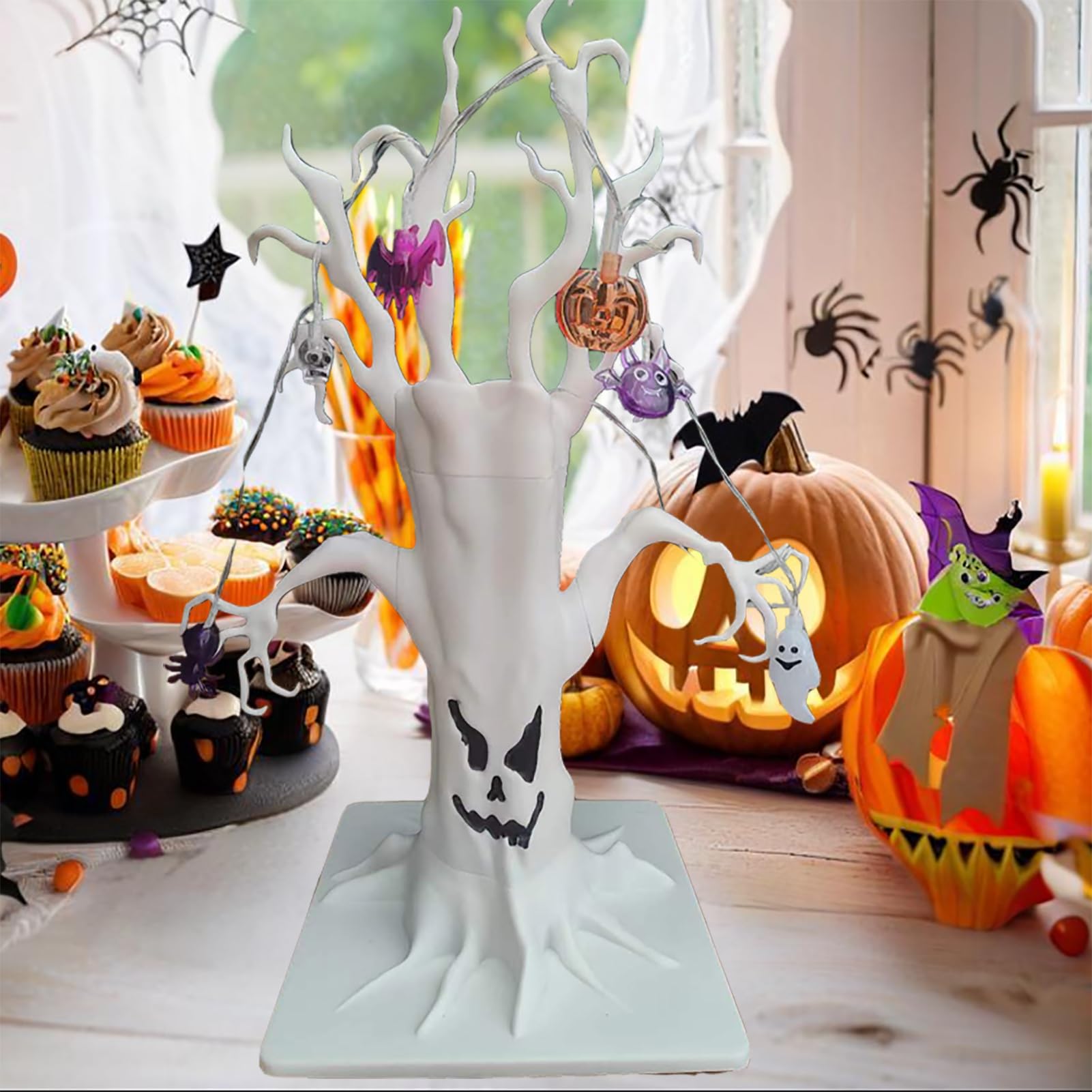 Halloween Tree Decorative Centerpiece with Spooky Ornaments, Halloween Lights with Skulls, Ghosts, Bats, Pumpkins, and Spiders at The top of The Tree, Suitable for Rooms, Tables, and Mantelpiece.