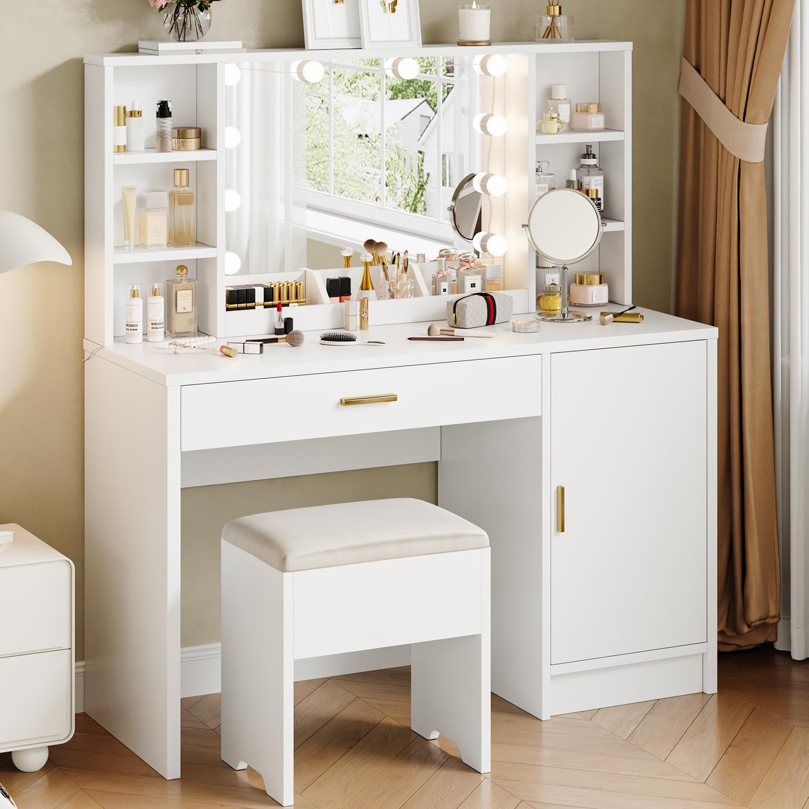 Vanity Desk with Mirror and Lights, 43'' Tabletop Makeup Vanity with Multiple Shelves & Large Cabinet, 3 Color Lighting Modes Adjustable Brightness, Makeup Table with Soft Cushioned Stool, White