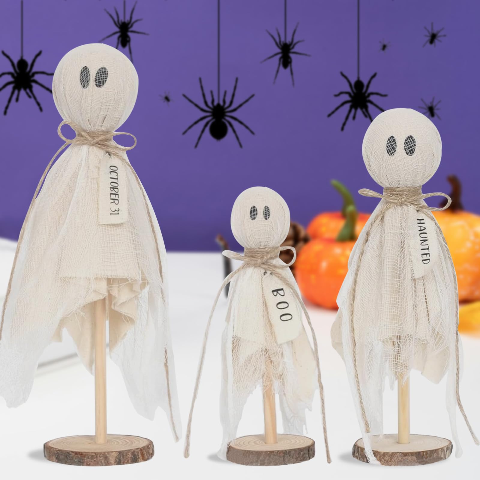 DNCHGOYA Halloween Ghost Decor Kit Table 3Pcs Halloween Ghosts on Wooden Stand for Table Centerpieces Halloween Party Decorations Spooky Ghost Crafts