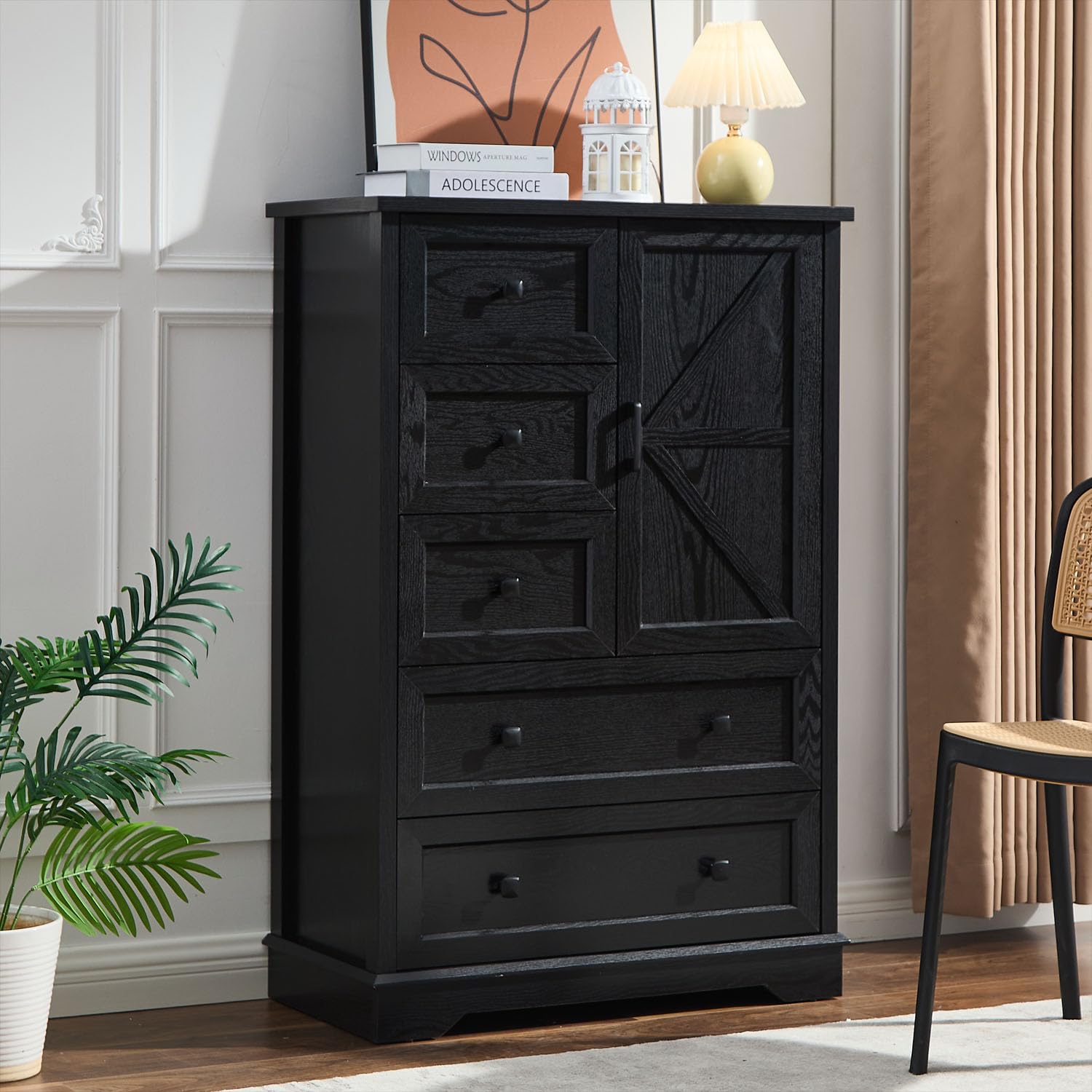 SOOWERY Dresser for Bedroom, 5 Drawer Wood Dresser, Black Dresser Farmhouse Dressers with 5 Wooden Drawers and Storage Cabinet, 48 Inch Tall Chest of Drawers for Bedroom, Living Room