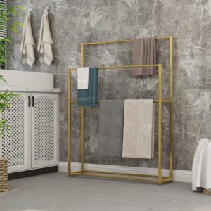 Gold Towel Holder Stand for Bathroom Floor, Stand Alone Towel Hanger Bath Towel Rack 2 Arms Towel Bars, Metal Towel Shelf for Pool Area Outside Bedroom Kitchen Bathroom(Gold, 75 x 20 x 110 cm)