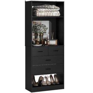 unikito closet system with drawer, 25 inch freestanding closet organizer with storage shelves and mirror, sturdy walk in closet tower for bedroom, mudroom and entryway, 25" w x 16" d x 80" h, black