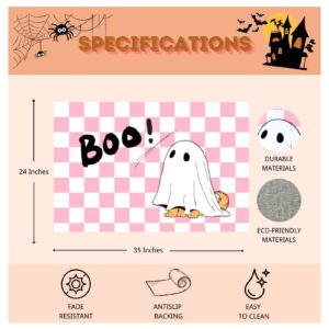 Twelve Studio Halloween Boo Doormat, Cute Spooky Ghost Dog Indoor Outdoor Welcome Mat, Washable Anti-Slip Rug for Entrance Kitchen Bathroom Halloween Decoration, 2’x3' Pink White Checkerboard