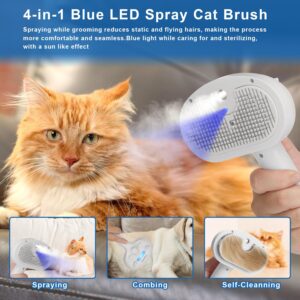 Pet Steam Hair Comb Brush for Shedding, 4 In 1 Spray Brush for Long & Short Haired Cat&Dog, Self-Cleaning Hair Remover with Water Tank And LED Blue Light, Release Button (White)