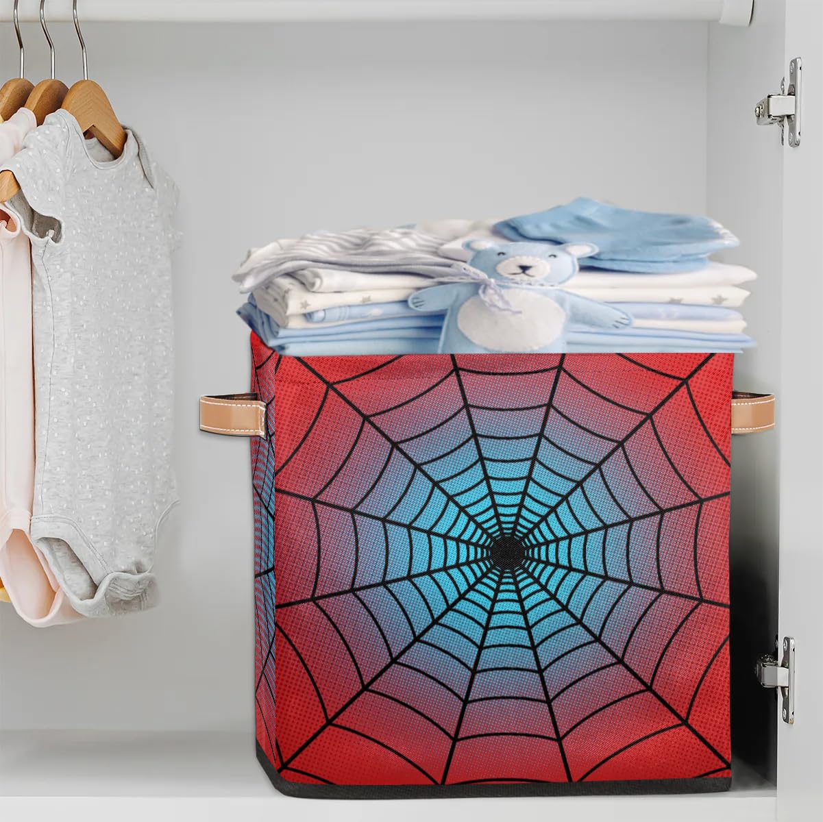 LLCXCSI Storage Bin Red Spider Web Closet Organizer Bins with Handles, Decorative Collapsible Cube Storage Baskets for Nursery Shelf, Clothes, Toy, Towel, Book, 13"x 13"