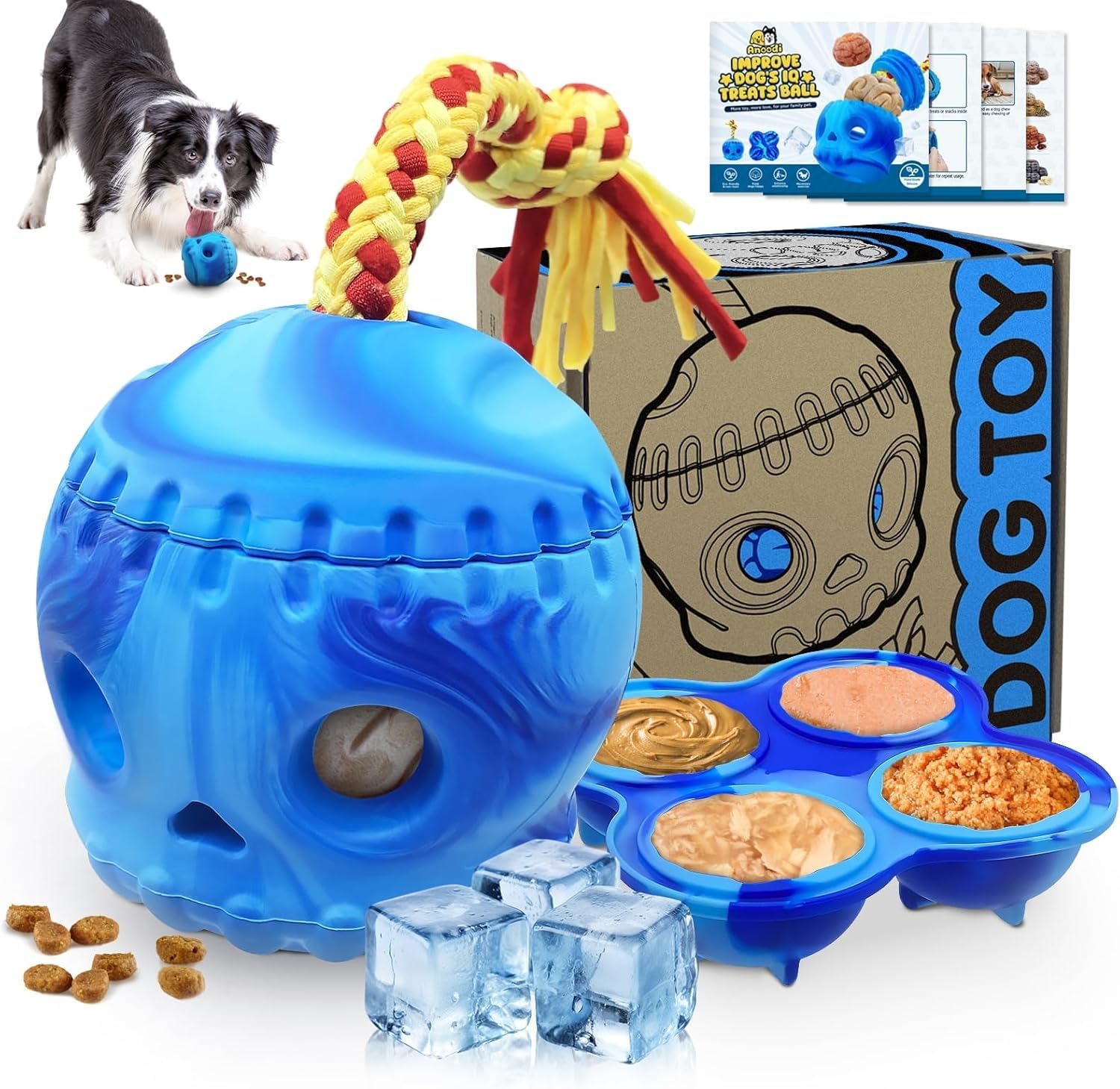 Interactive Frozen Treats Dog Toy with Mold, Dispensing Toys for Aggressive Chewer No-Boredom, Skull Fillable Slow Feeder with Rope, Tough Rubber Puzzle Dog Ball Keep Them Busy Mental Enrichment Toys