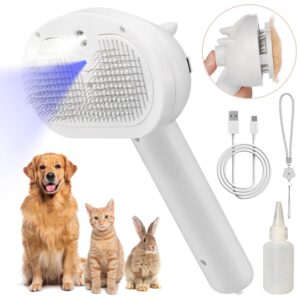 pet steam hair comb brush for shedding, 4 in 1 spray brush for long & short haired cat&dog, self-cleaning hair remover with water tank and led blue light, release button (white)