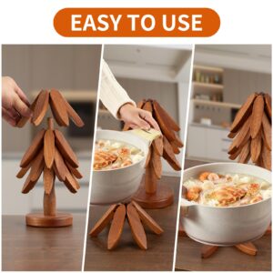 Vertdens Wooden Trivets for Hot Dishes， Tree Shape Trivet Set，Hot Dish Coaster with Tree-Shaped Wood Collapsible Hot Pad Trivet Tree for Restaurant，4 Wooden Trivet + 1 Stand（Walnut Wood）