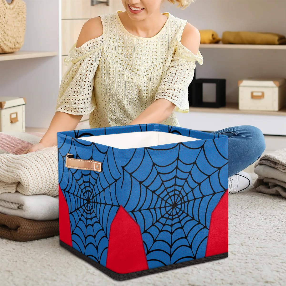 LLCXCSI Storage Bin Closet Organizer Bins with Handles, Blue Spider Web Decorative Collapsible Cube Storage Baskets for Nursery Shelf, Clothes, Toy, Towel, Book, 13"x 13"