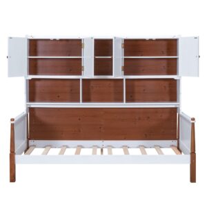 Harper & Bright Designs Twin Daybed with Bookcase Headboard, Twin Size Platform Bed with Storage Cabinet,Wood Twin Bed Frame for Kids Teens Adults (White+Walnut)