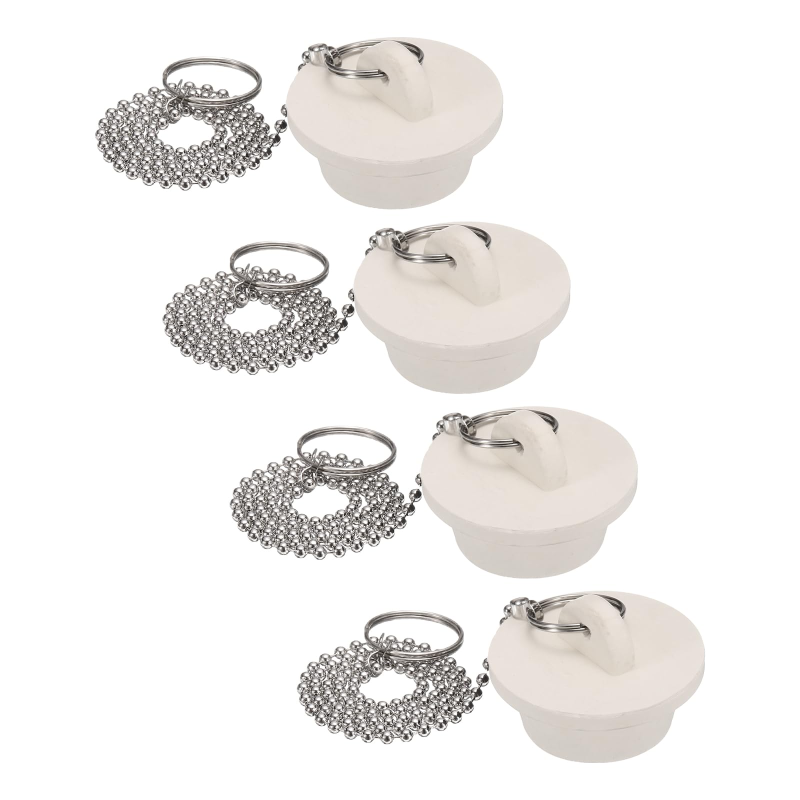 uxcell 4Pcs Tub Stoppers, Rubber Bathtub Stoppers 1-1/4" Kitchen Sink Drain Stopper, Bathroom Drain Plug with Pull Ring and 15" Stainless Steel Beaded Chain, White