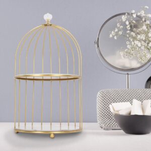 Lotpken Gold Frame Double Layer Storage Shelf Organizer for Bathroom, Bird Cage Design Display Rack for Countertop and Dressing Table (White Base Gold Pattern)