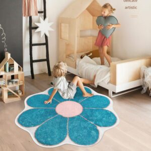 Poowe Teal Blue Flower Shaped Rug,Cute Round Rug for Bedroom Living Room, Fluffy Circular Rug Washable Nursery Rug for Kids Room Nonslip Indoor Floor Mat for Entryway-39.4" Round