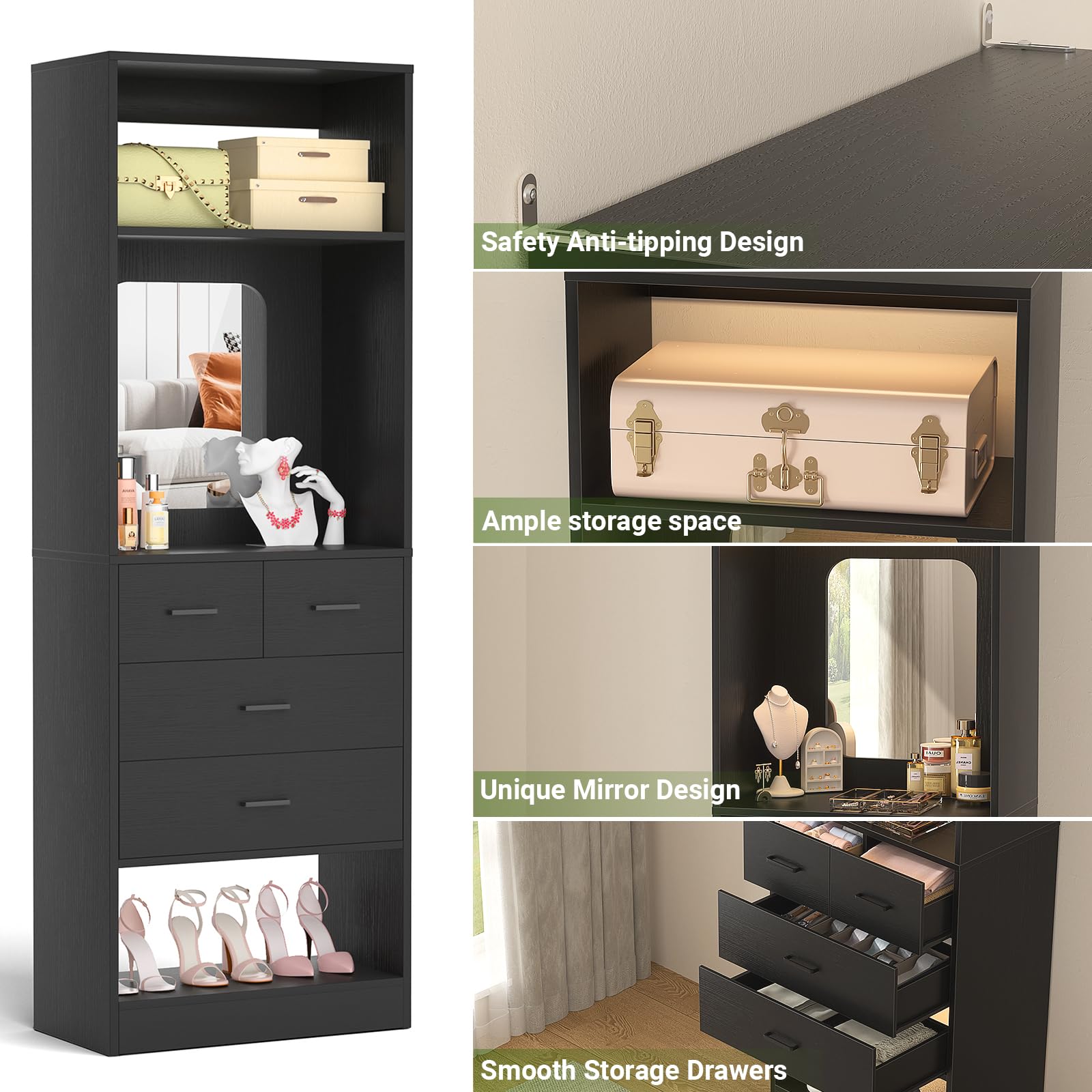 Unikito Closet System with Drawer, 25 Inch Freestanding Closet Organizer with Storage Shelves and Mirror, Sturdy Walk in Closet Tower for Bedroom, Mudroom and Entryway, 25" W x 16" D x 80" H, Black