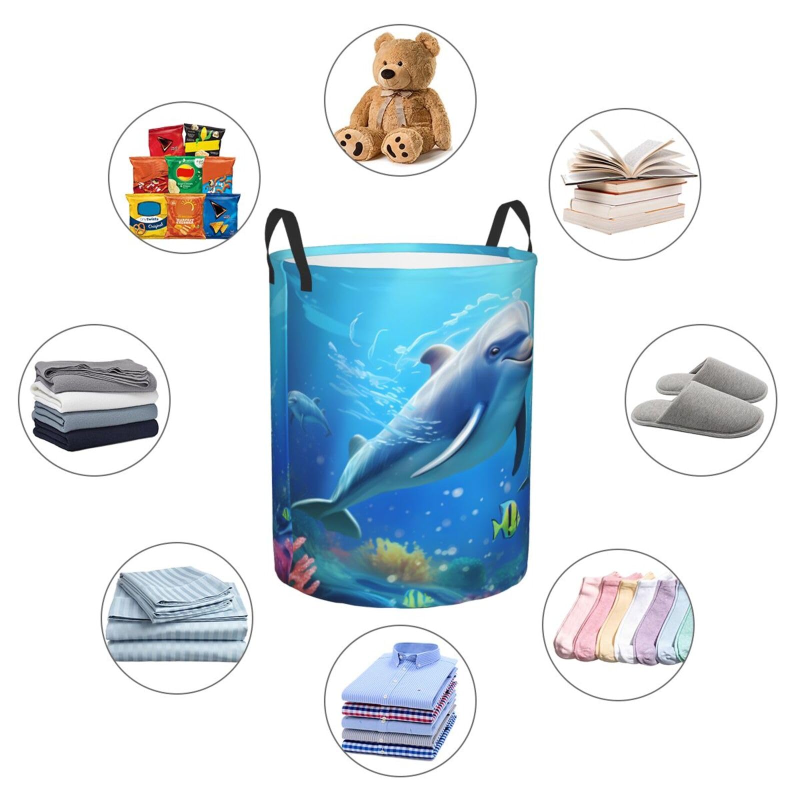 Cute Dolphin Printed Circular Hamper Laundry Basket For Bathroom Toy Storage Organizer Basket Collapsible Round With Handles Laundry Hamper