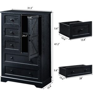 SOOWERY Dresser for Bedroom, 5 Drawer Wood Dresser, Black Dresser Farmhouse Dressers with 5 Wooden Drawers and Storage Cabinet, 48 Inch Tall Chest of Drawers for Bedroom, Living Room