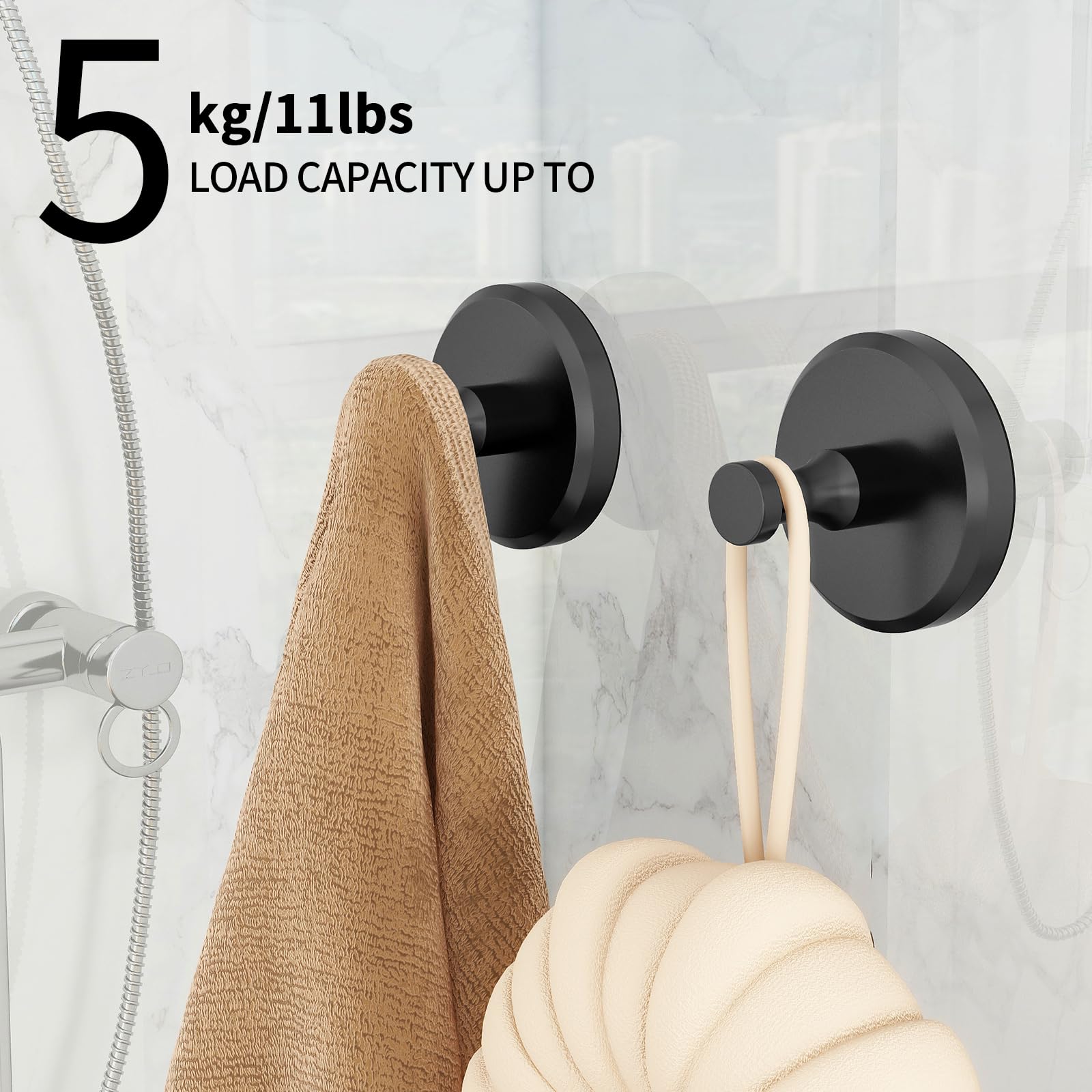 JUYSON Suction Cup Hooks for Shower, Bathroom Shower Suction Hooks for Windows, Glass, Mirror, Tile, Adhesive Towel Hook for Hanging, Loofah, Robe, Matte Black, 2 Pack