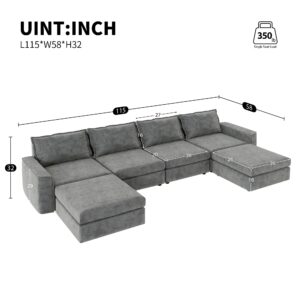 Ball & Cast 115" Chenille U-Shaped Sectional Sofa Set,Minimalist Style Chenille Modular Cloud Couch with Convertible Ottoman Chaise for Living Room,Free Combination,Gray